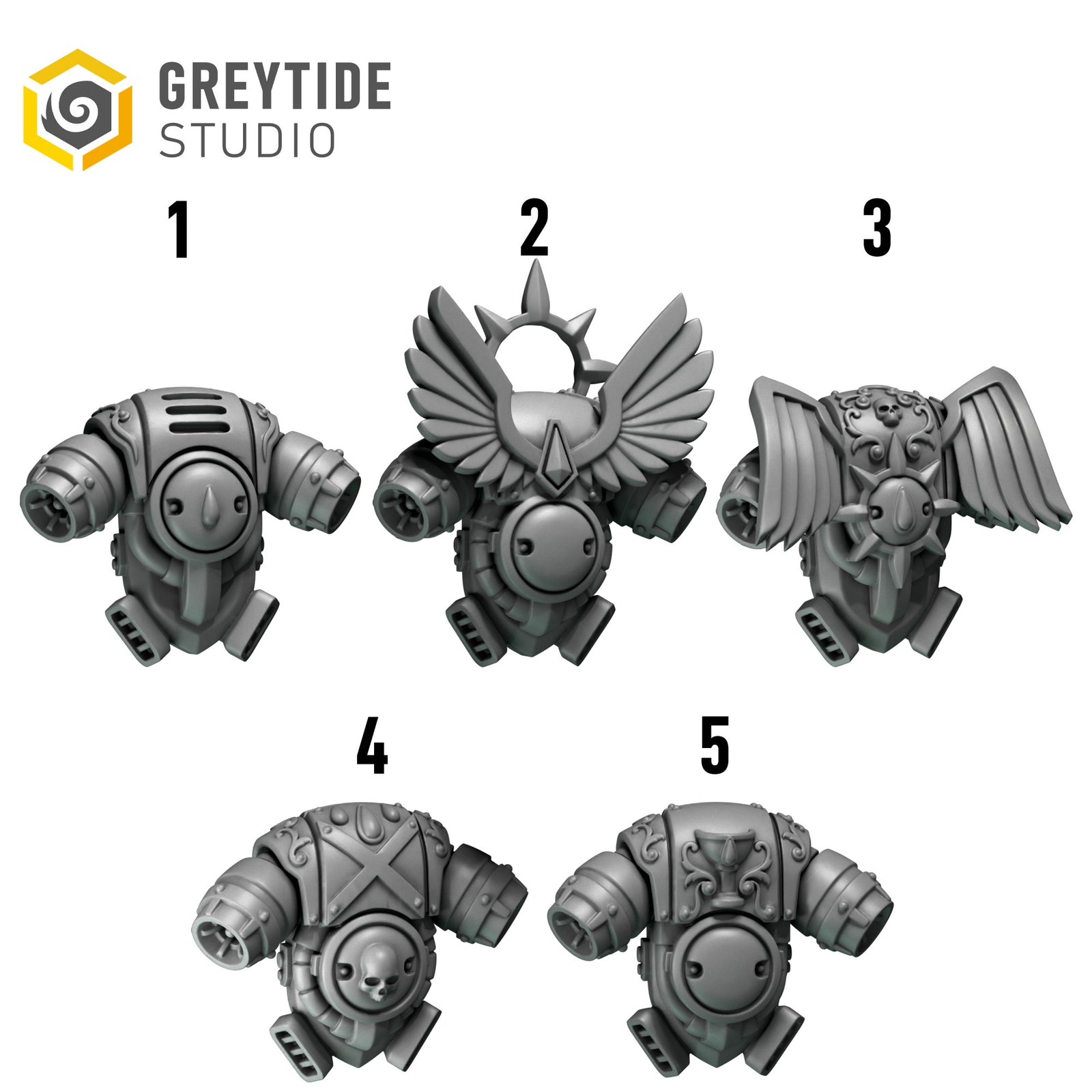 five different views of a futuristic-looking metallic object, possibly a weapon or armor piece, with wings and a skull-like design.
