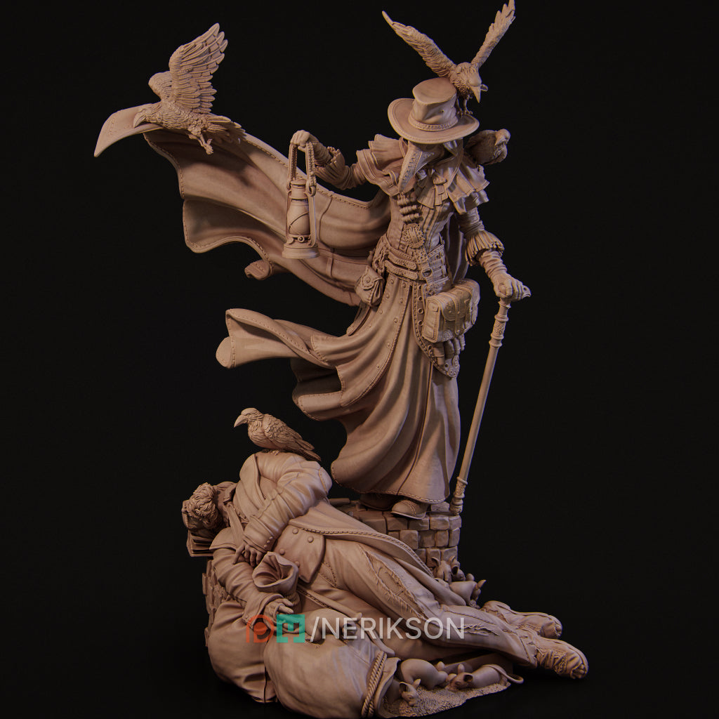 A detailed sculpture depicting a figure in medieval attire, possibly a Plague Doctor, with a bird perched on their shoulder. The figure is holding a lantern and appears to be in a dramatic pose, with a bird flying above them.