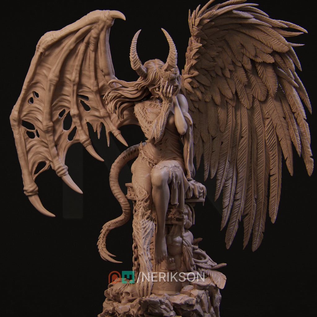 a detailed, intricate sculpture of a winged, horned figure with a long tail, sitting on a rock and holding a staff.