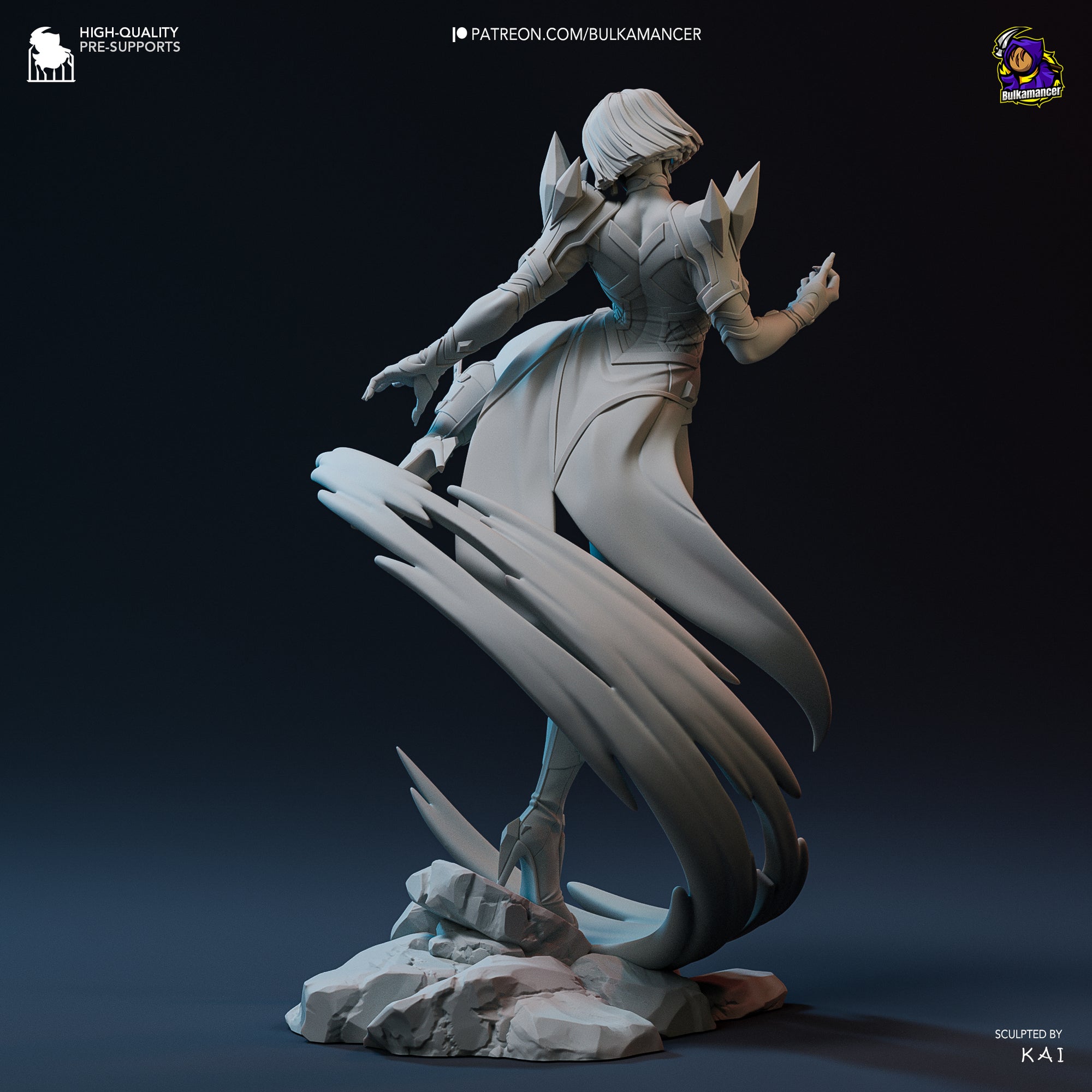 A 3D rendering of a female character with a flowing, ethereal costume and dynamic pose, set against a dark background.