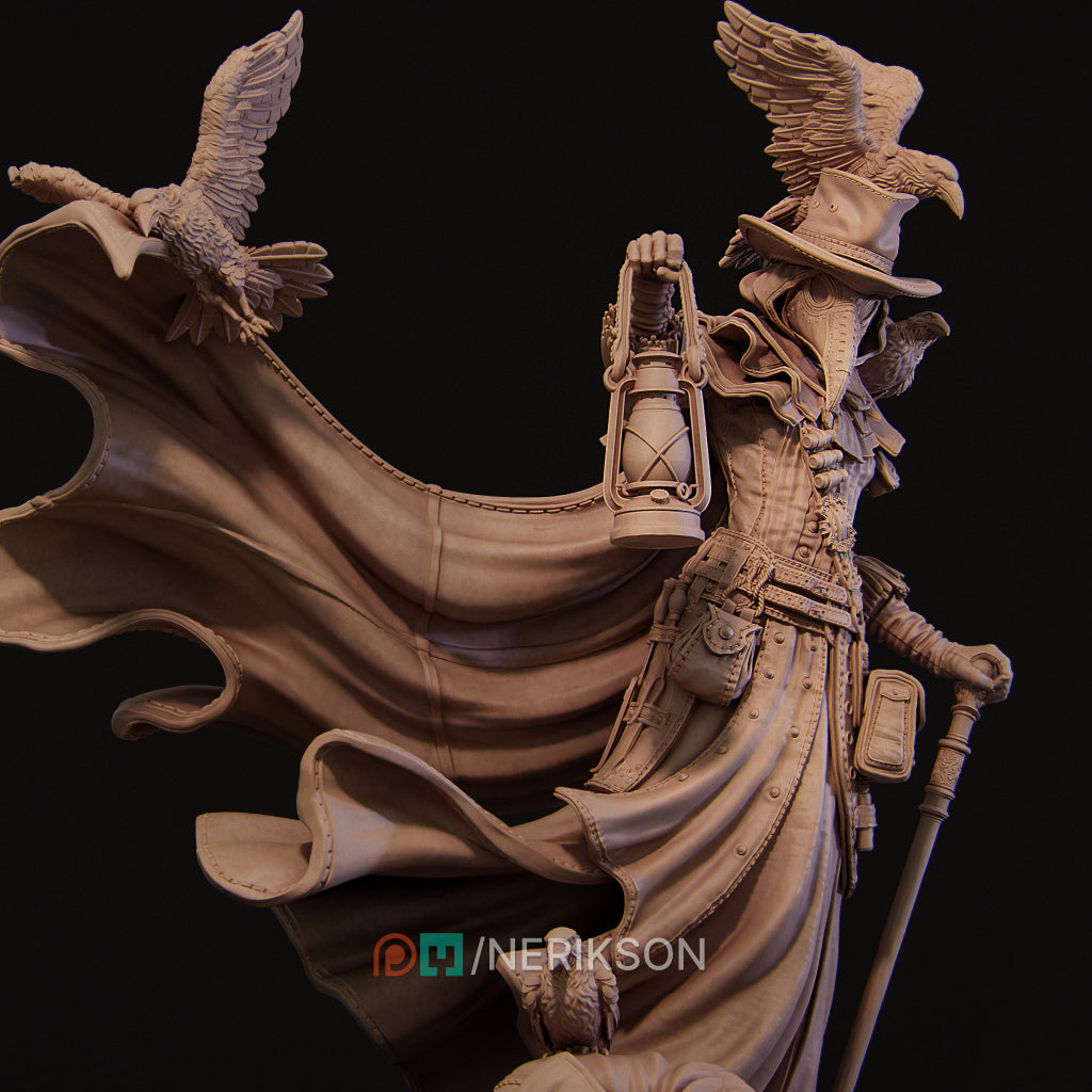A detailed sculpture depicting a figure with wings, holding a lantern and accompanied by two birds.