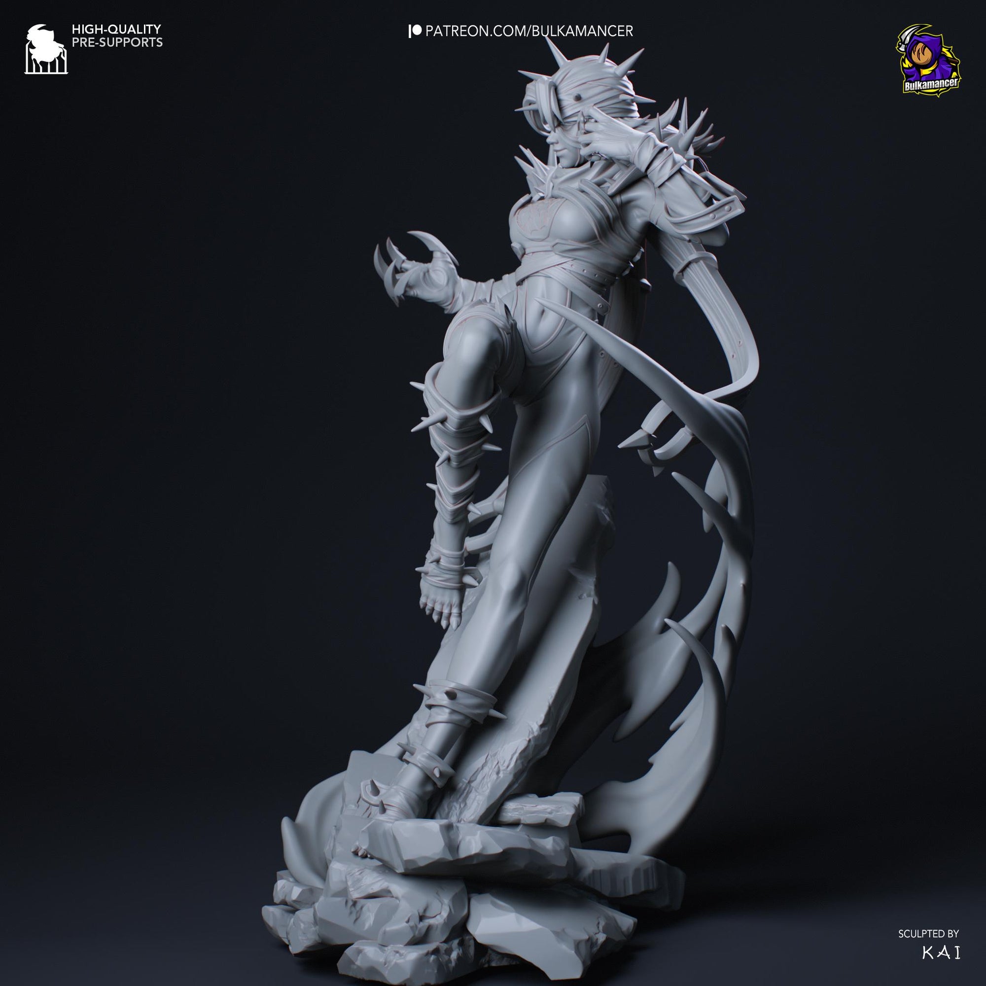 A 3D rendering of a female character with spiky armor and a fierce expression, standing on a rocky base.