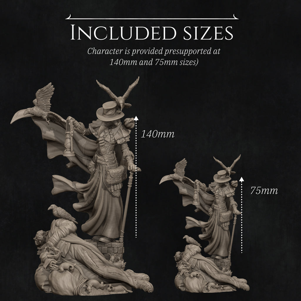 two figurines, each with a different size indicated by the text "140mm" and "75mm" next to them. The figurines are described as being provided with character support at 140mm and 75mm sizes.