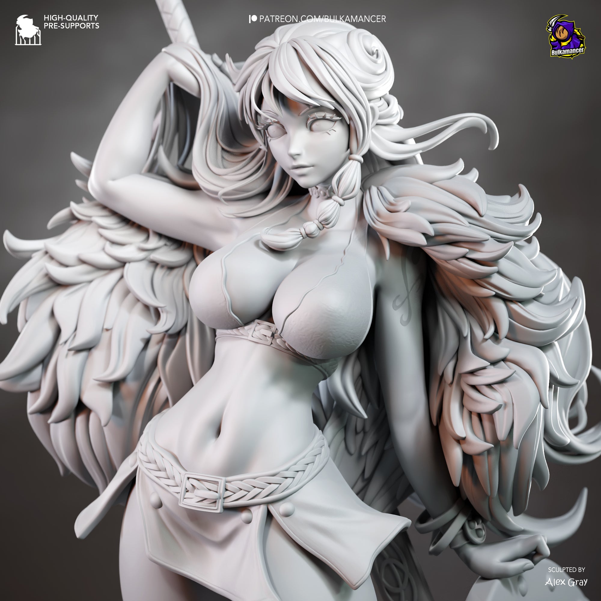 A detailed, intricate statue of a female character with long hair and a flowing skirt, holding a weapon in her right hand.