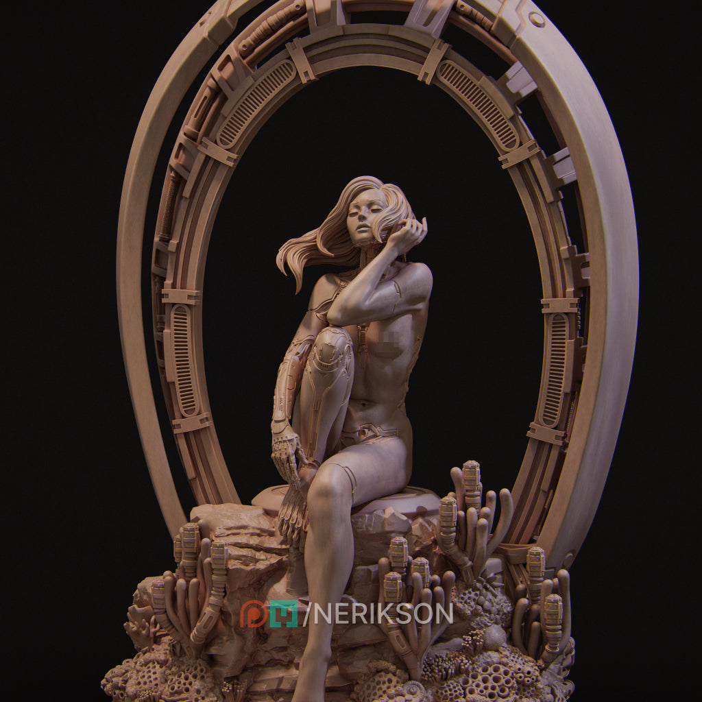 a sculpture of a woman sitting on a rock, surrounded by various organic and mechanical elements.