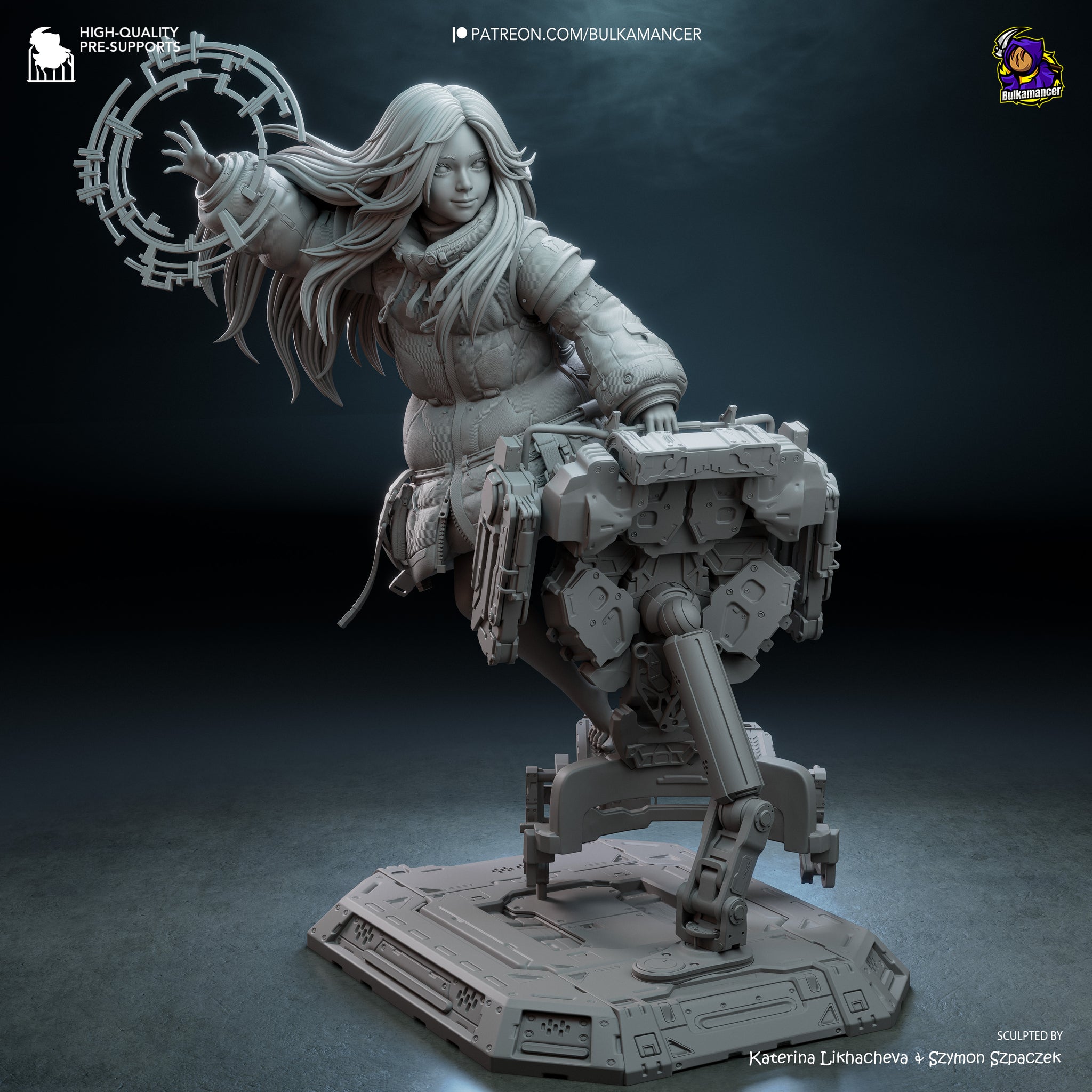 A 3D rendering of a female character with long hair, wearing a jacket and holding a large circular object in her hand. The character appears to be a female warrior or warrior-like figure, with a mechanical or robotic-like appearance. The image does not contain any text or additional objects, and the character is the sole focus of the image.