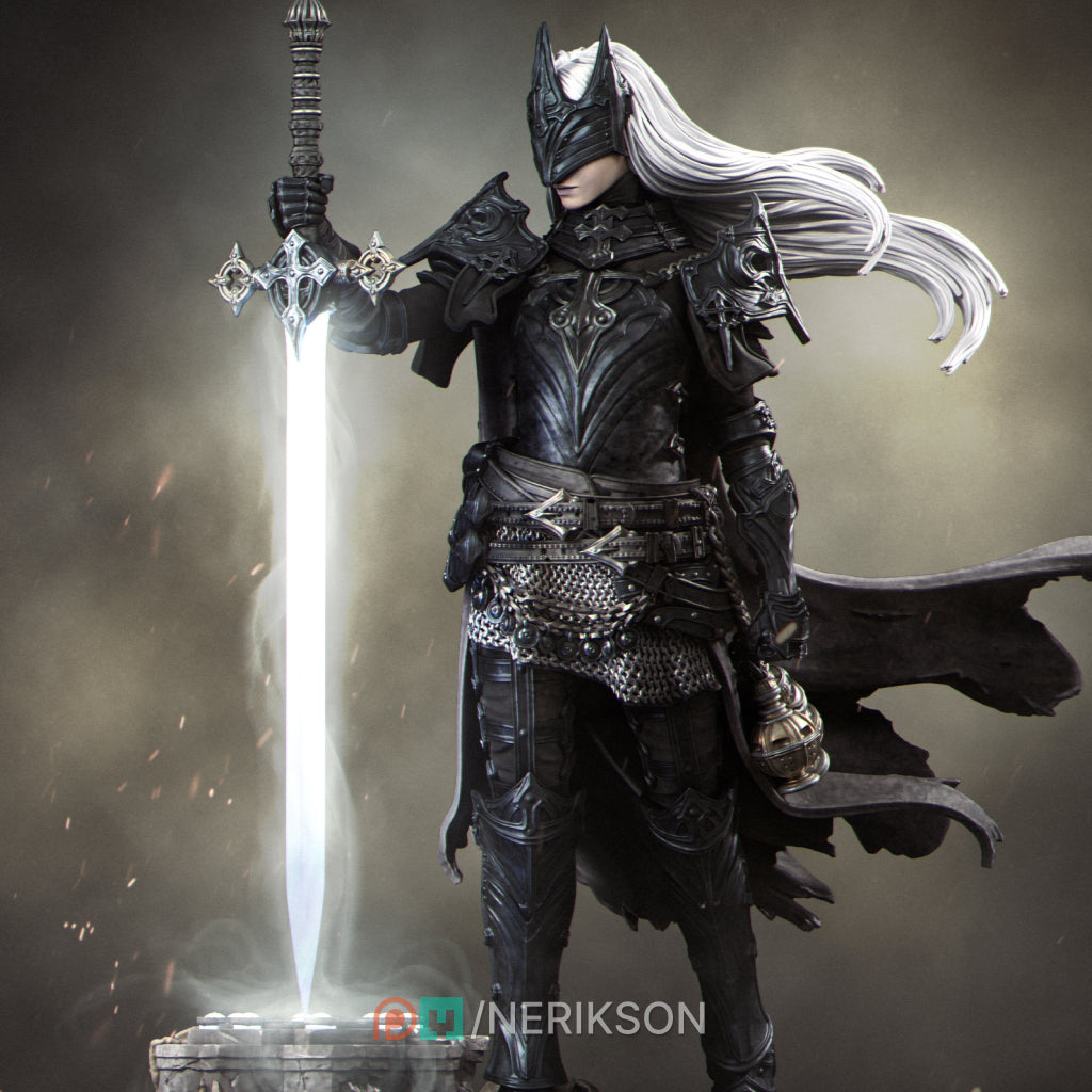 A detailed 3D rendering of a knight in armor, holding a sword and standing in a dramatic pose.