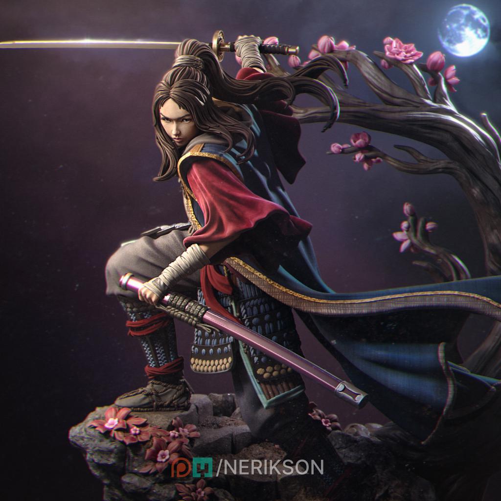 Michiko Samurai Warrior | 3D Printed Resin Miniature Statue | 75mm & 140mm Unpainted Figure | Nerikson
