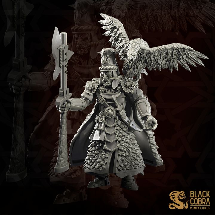 A detailed 3D model of a warrior figure, wearing ornate armor and wielding a sword, with a large bird-like creature perched on its shoulder.