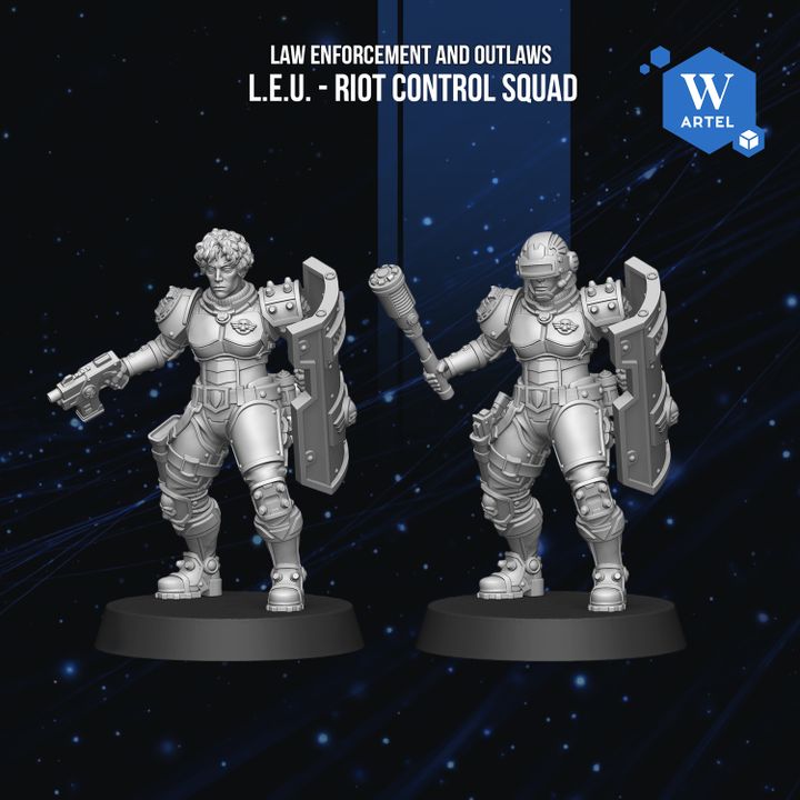 two figures from the "Riot Control Squad" from the video game "Law Enforcement and Outlaws". The figures are armored and equipped with weapons, suggesting they are part of the squad.