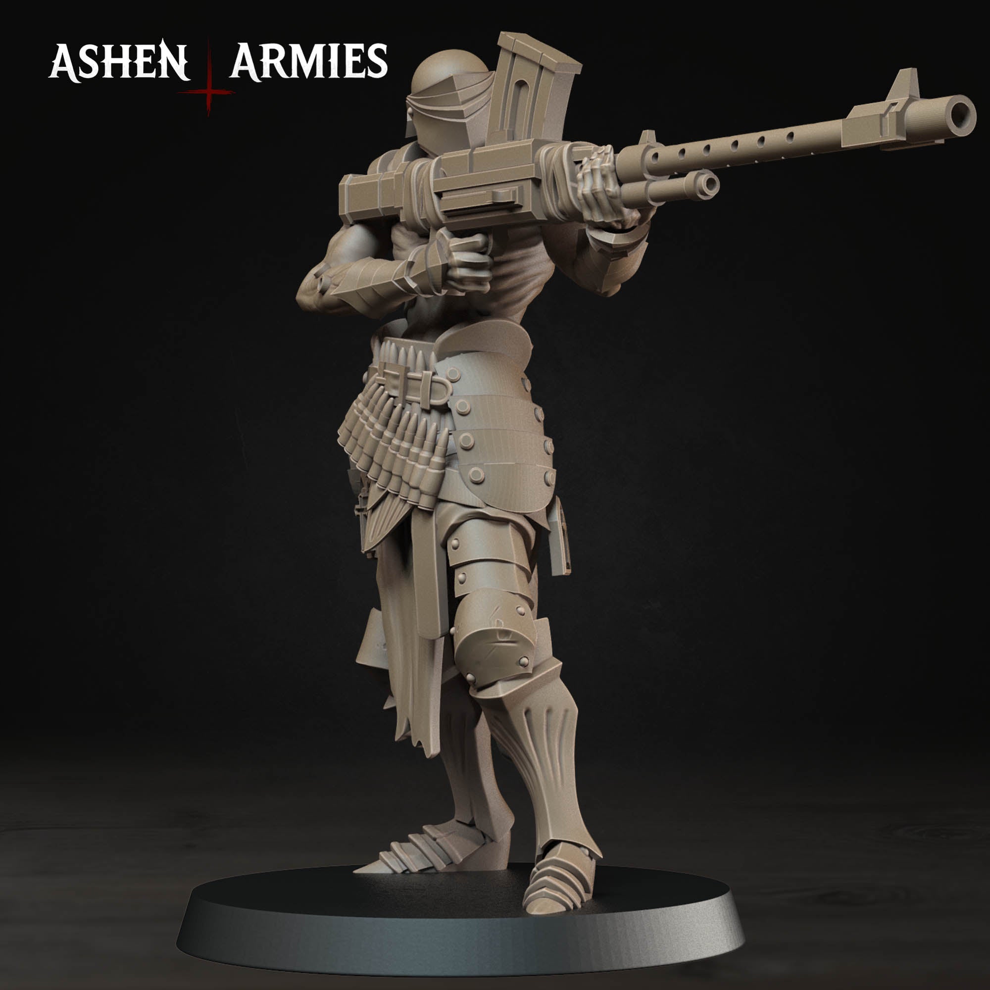 A 3D rendering of a heavily armored and armed character, likely representing an army or military figure, with a large gun-like weapon in their hands.