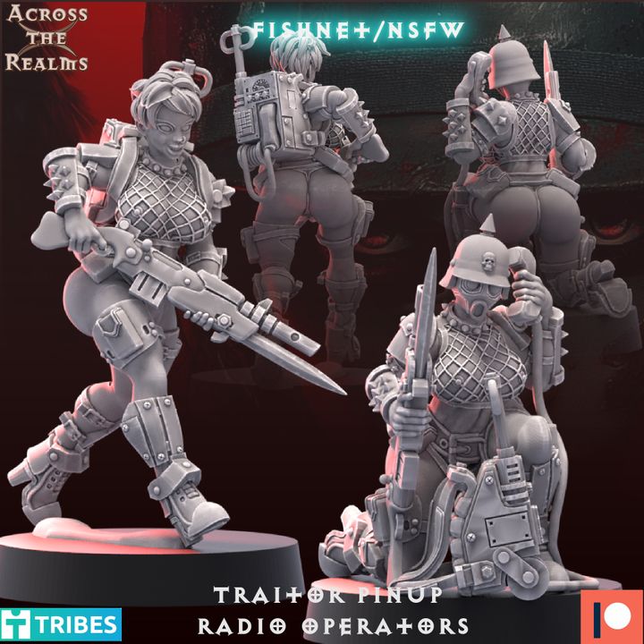 The image is a collage of three 3D models of female characters, each with unique poses and weapons, set against a dark background.