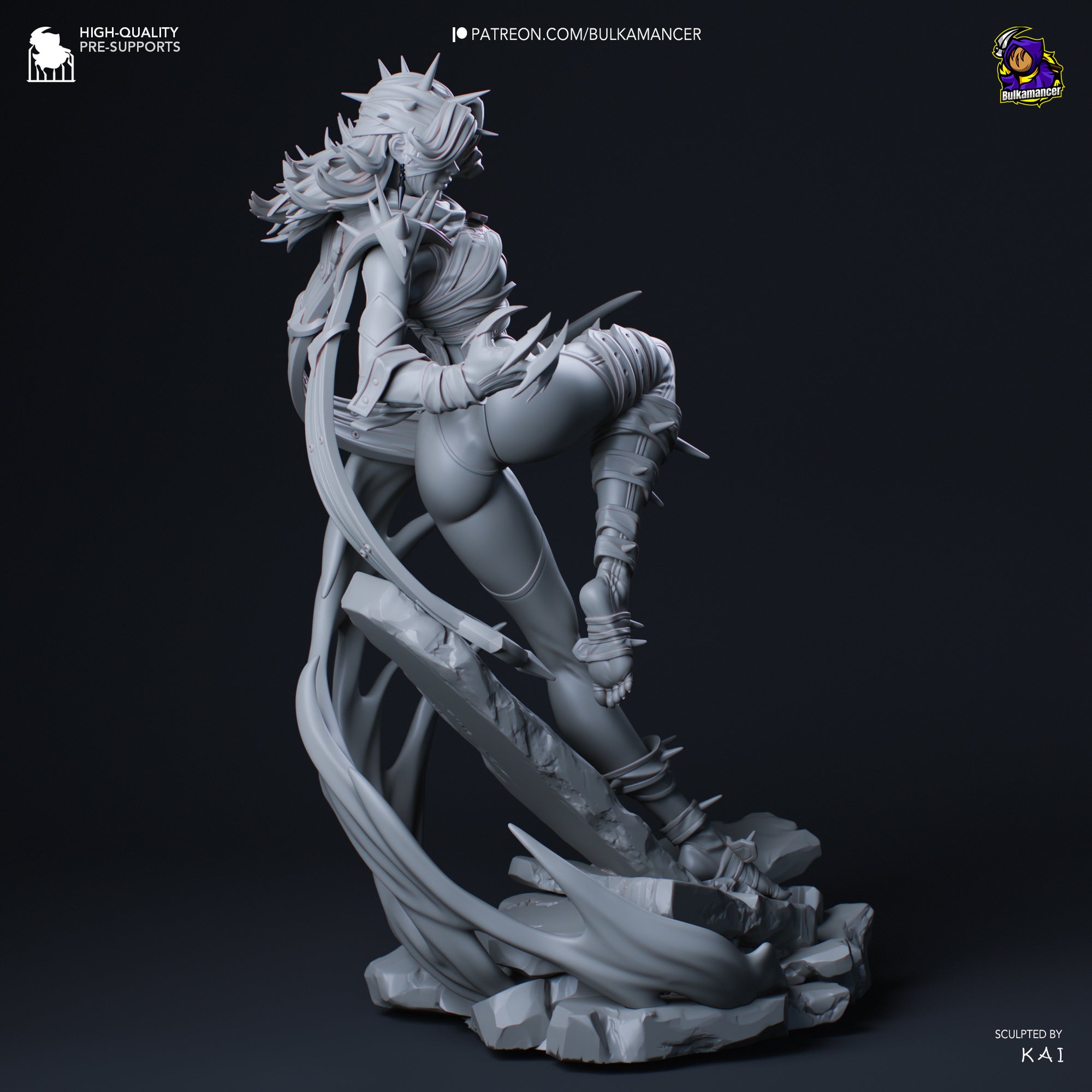 A 3D rendering of a female character with spiky hair and a fierce expression, standing on a rocky platform and appearing to be in a dynamic pose.