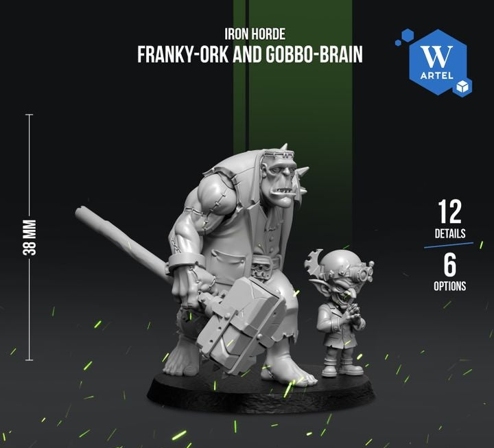 a large, imposing statue of a monster-like creature with a smaller, smaller creature standing beside it. The creature has a large weapon in its hand, and the smaller creature appears to be a smaller, more vulnerable figure. The background is dark, with some green lights scattered throughout the image.
