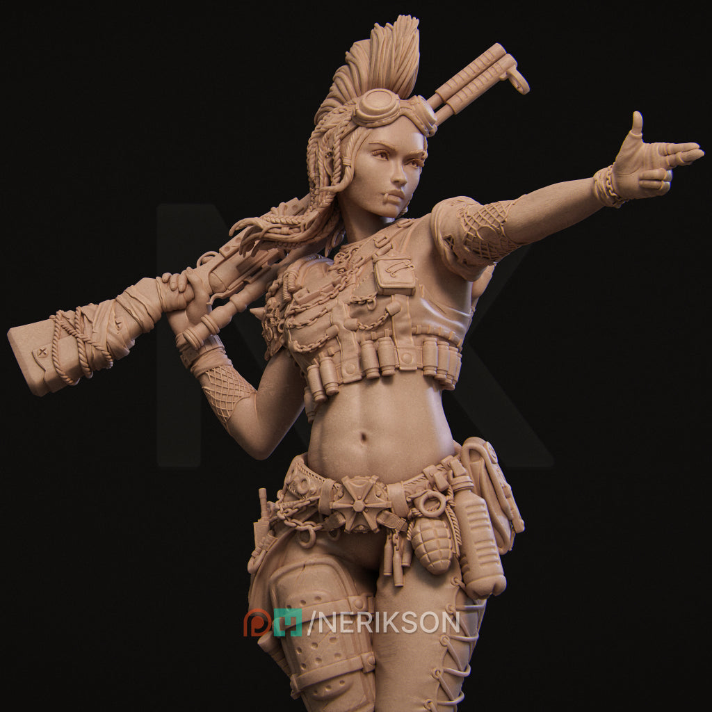 A detailed 3D model of a female character wearing a heavily decorated costume, including a headdress, and holding a large weapon.