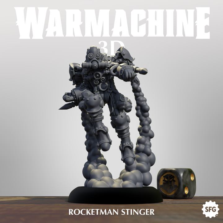 A 3D rendering of a robot or mechanical figure, with a text overlay that reads "WARMACHINE" and "ROCKETMAN STINGER".