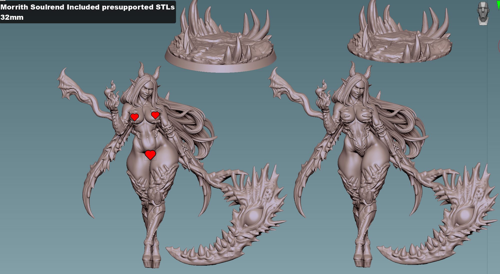 three different views of a female character with a large, monstrous head, long hair, and a red heart on her chest. The character appears to be a female monster or fantasy creature, with a fierce and intimidating appearance.