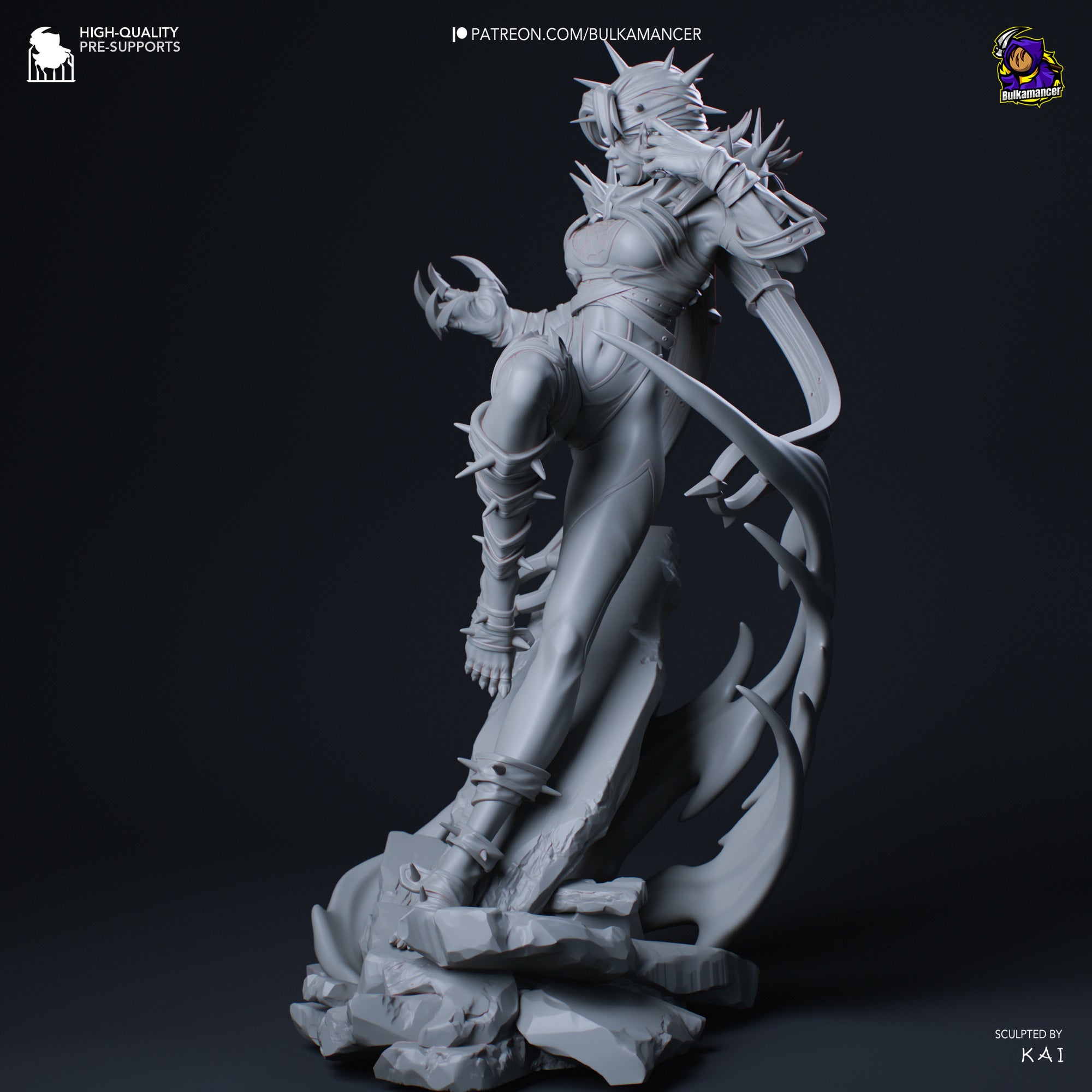 A 3D rendering of a female character with spiky armor and a fierce expression, standing on a rocky base.