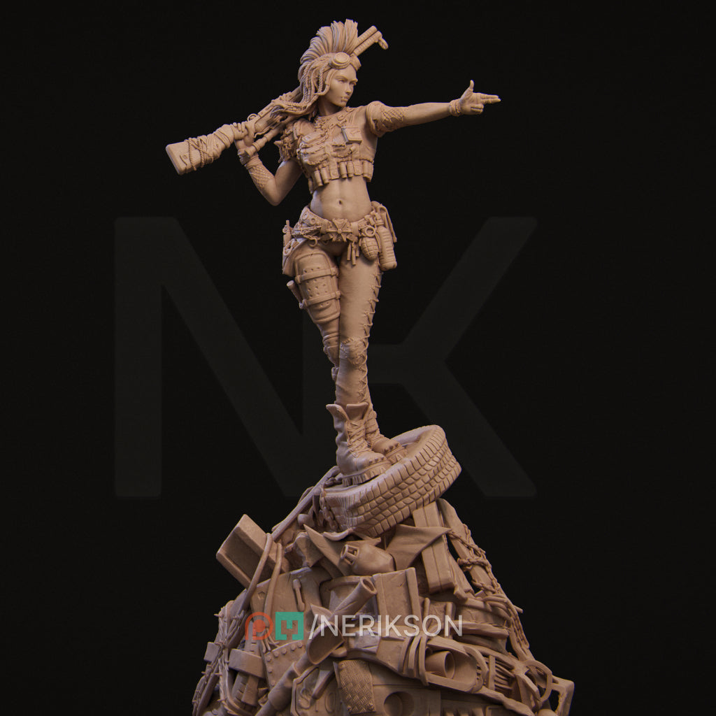 A 3D rendering of a female figure standing on a pile of rubble, holding a weapon and pointing upwards.