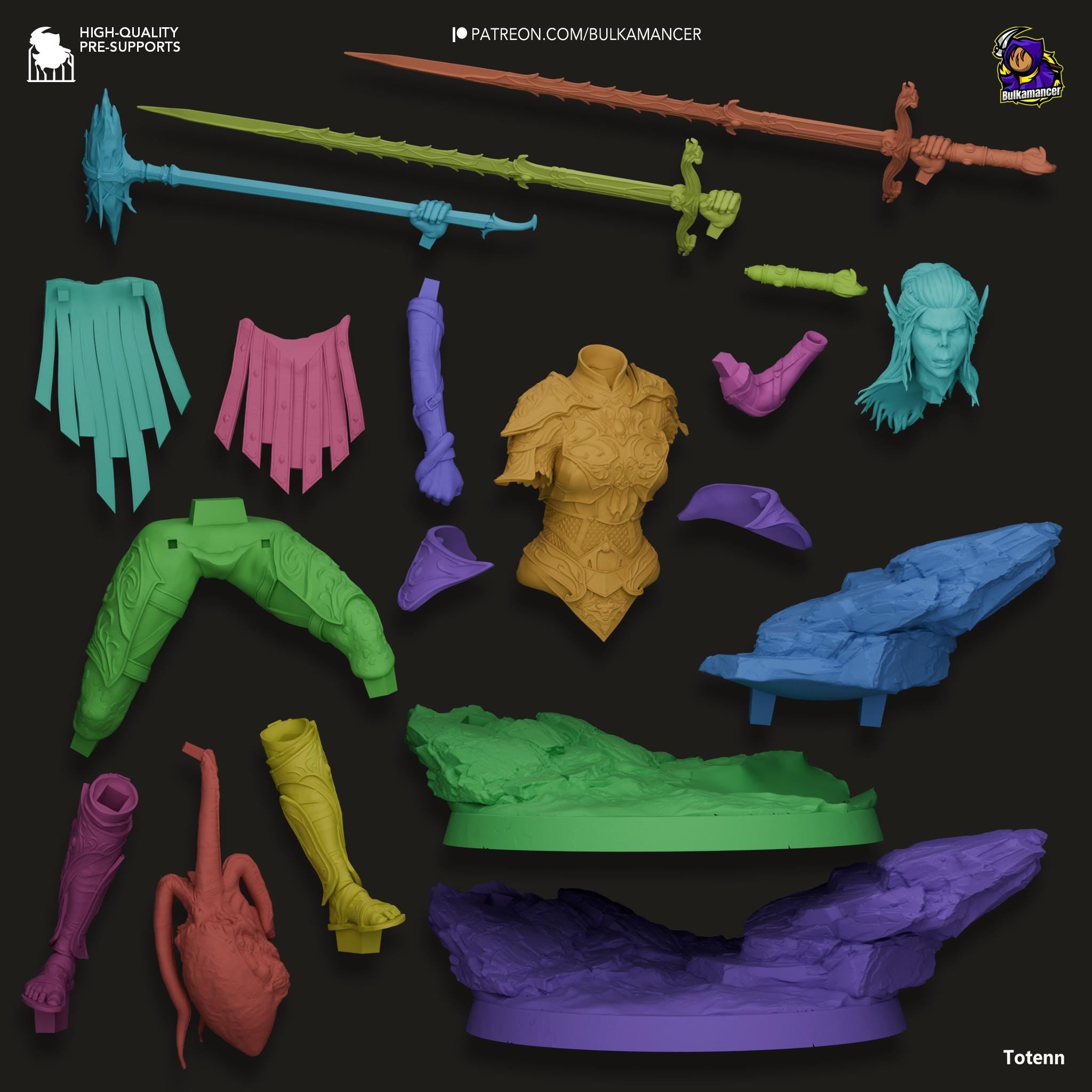 a bunch of different colored plastic items on a black background