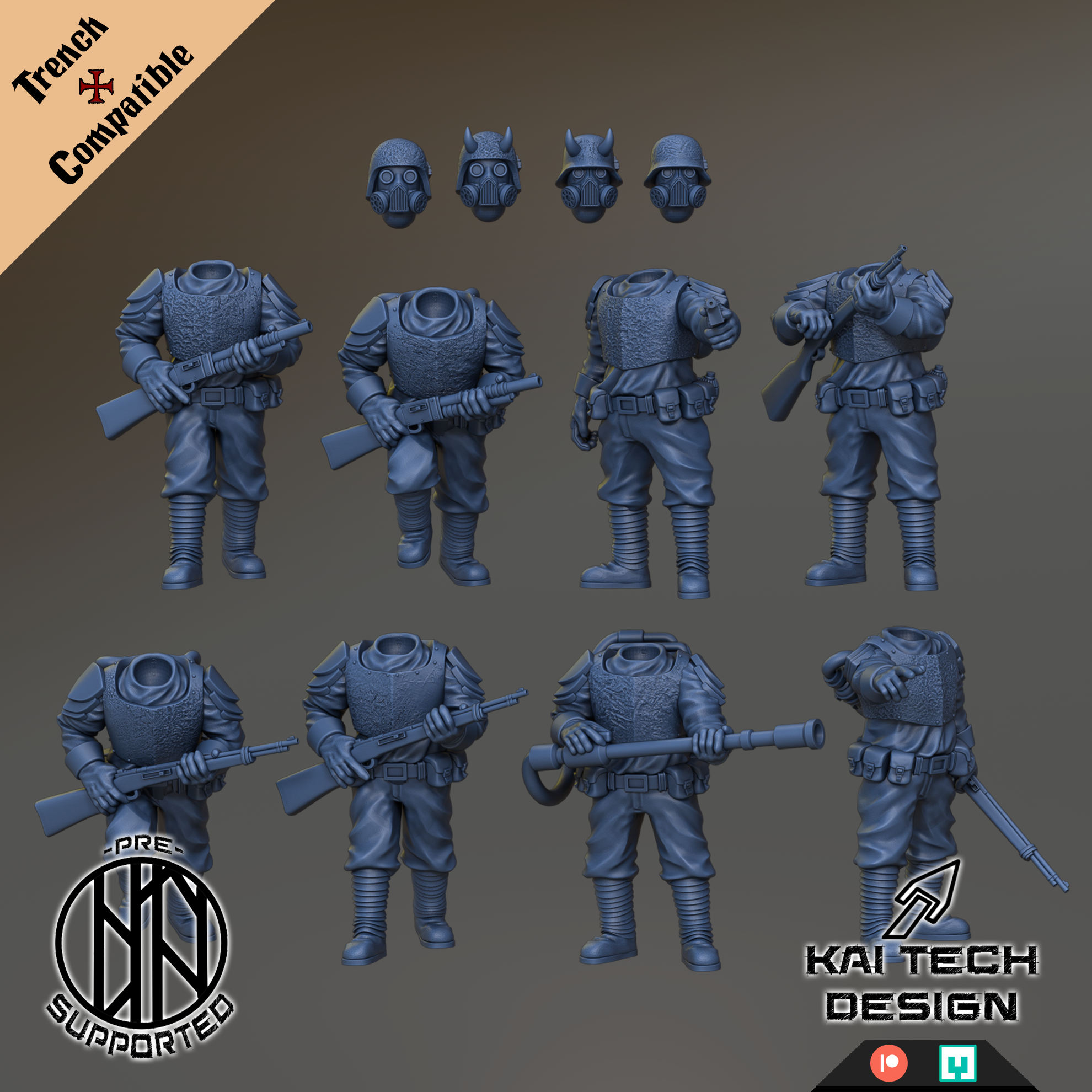 a collection of nine military figures, each holding various weapons and equipped with helmets and other gear. The figures appear to be designed for use in a video game or other digital media.