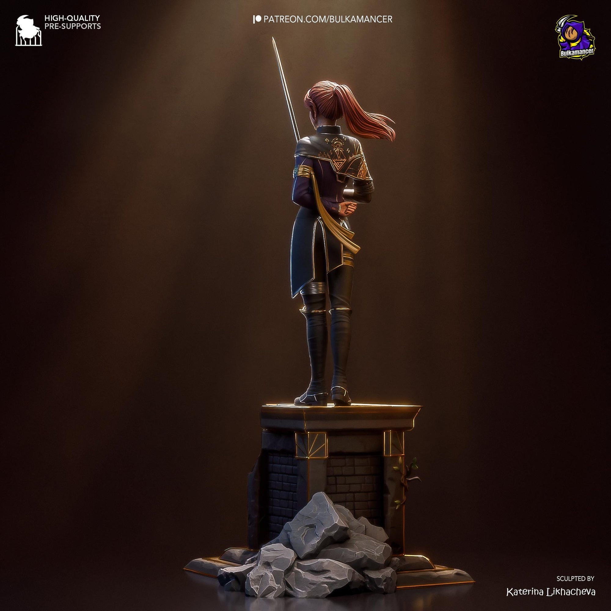 a statue of a woman holding a sword on top of a table