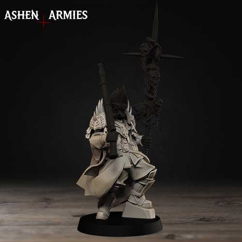 A figurine of a knight in armor, holding a sword and shield, standing on a black base against a dark background.