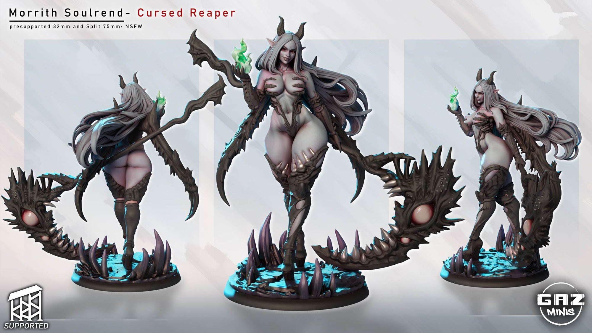 The image is a 3D rendering of a female character with long hair and horns, dressed in a costume that resembles a creature from a fantasy or horror game. The character is holding a weapon and appears to be in a fighting stance. The image is a collage of three different views of the character, showcasing her from various angles.