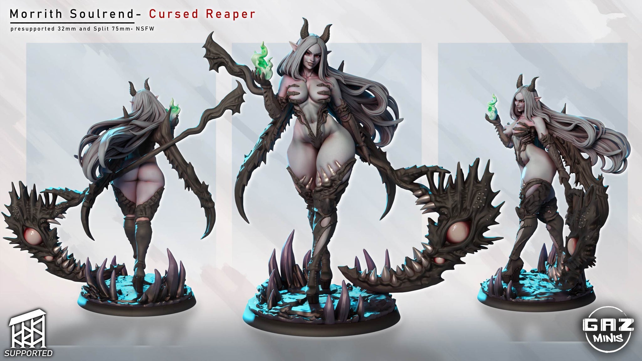 The image is a 3D rendering of a female character with long hair and horns, dressed in a costume that resembles a creature from a fantasy or horror game. The character is holding a weapon and appears to be in a fighting stance. The image is a collage of three different views of the character, showcasing her from various angles.