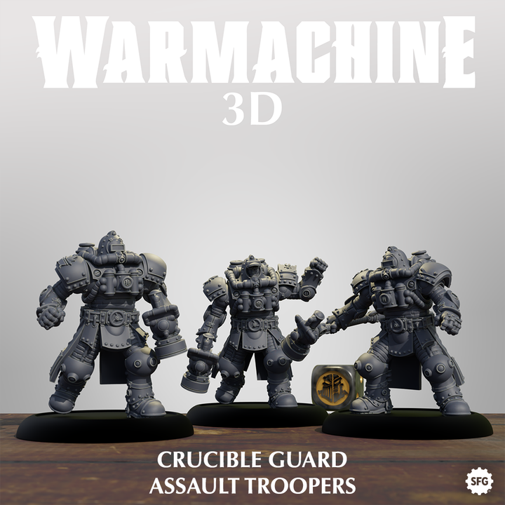 three crucible guard assault troops, each with a unique pose and weapon, arranged on a wooden surface.