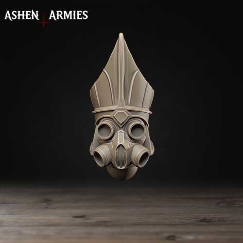 A 3D rendering of a futuristic-looking mask with a pointed top and multiple circular holes, set against a dark background.