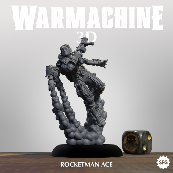 a 3D model of a character named "ROCKMAN ACE" posed in a dynamic action pose, with a dice next to it.