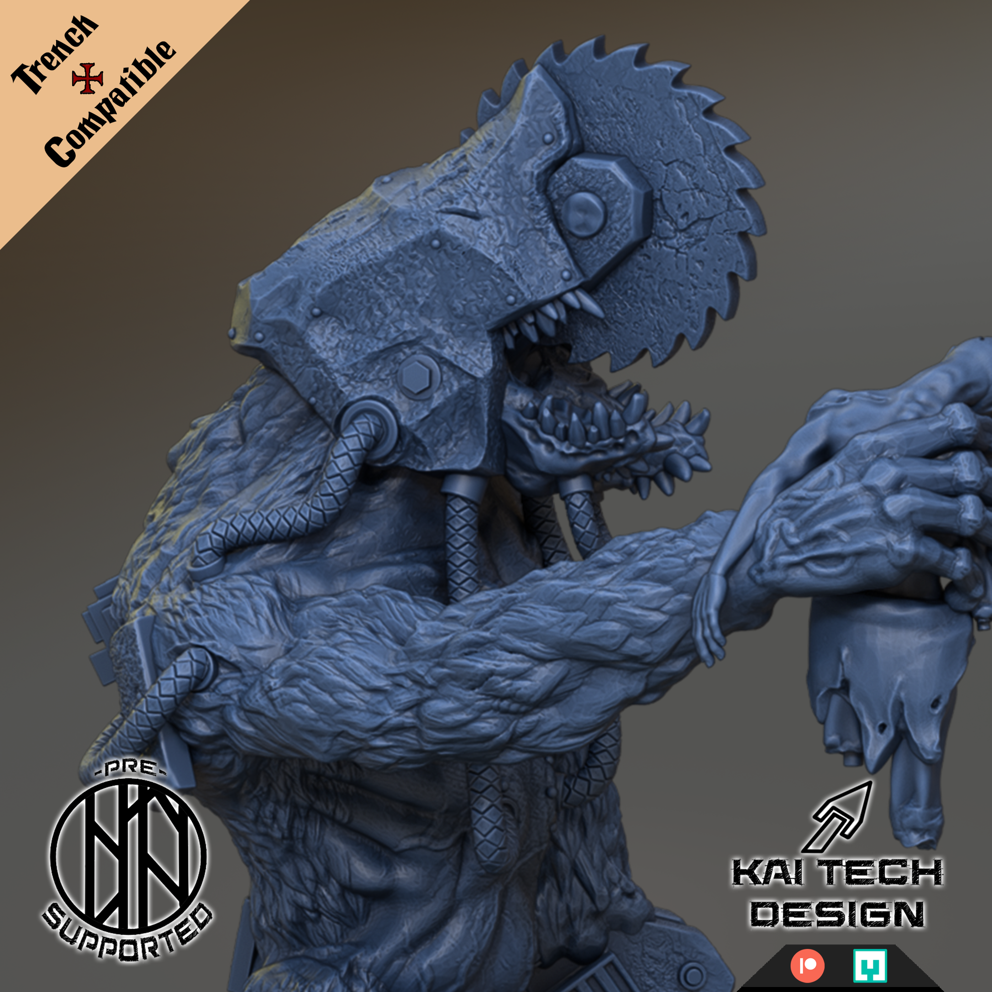 a 3D rendering of a large, metallic creature with a saw blade on its head, giving it a futuristic appearance.