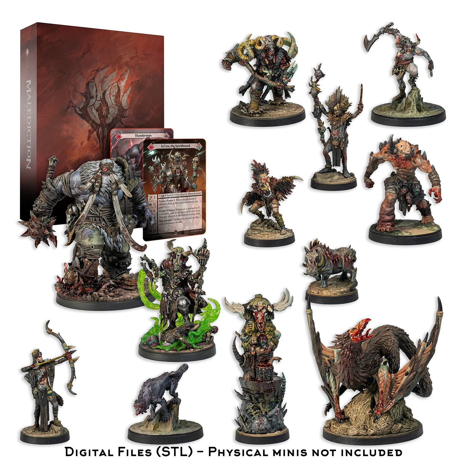 a collection of various figurines and cards, including digital files and physical minis, all related to a fantasy role-playing game.