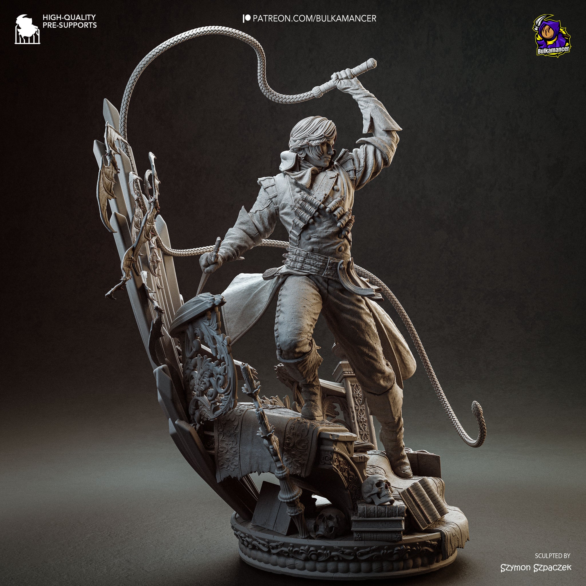 A detailed 3D model of a pirate figure, holding a whip and standing on a platform with various objects around it.
