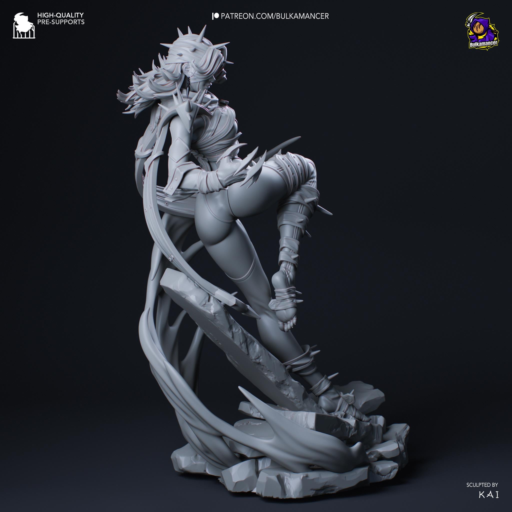 A 3D rendering of a female character with spiky hair and a fierce expression, standing on a rocky platform and appearing to be in a dynamic pose.