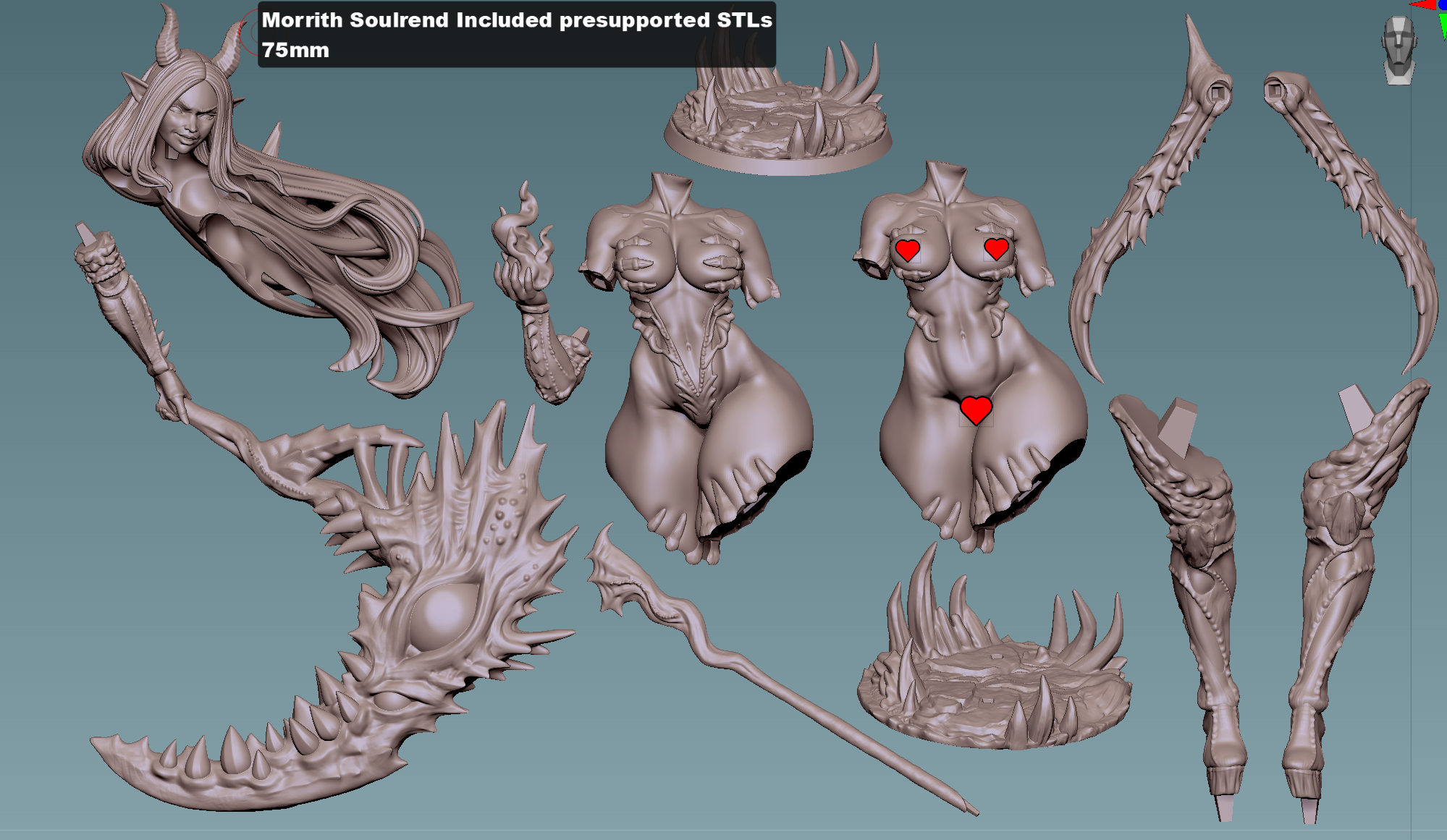 various 3D models of female figures, including a large female figure with long hair and a skull-like design, as well as smaller models of female figures with different designs.