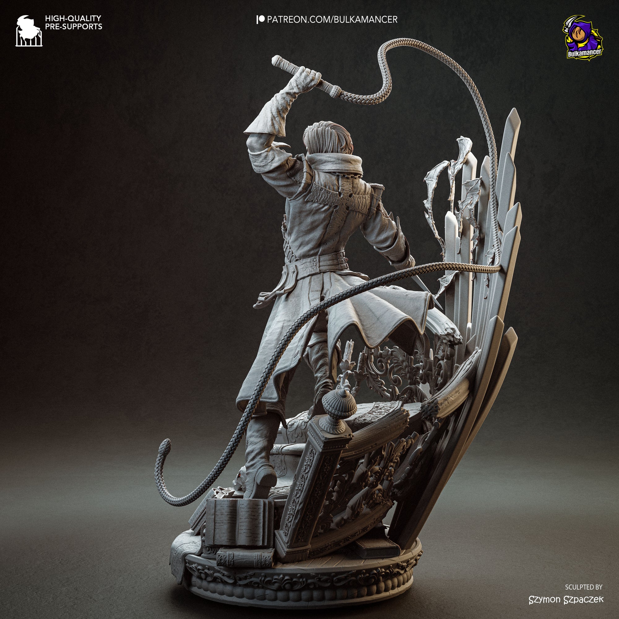 A 3D rendering of a character holding a whip and standing on a platform with various objects around them.