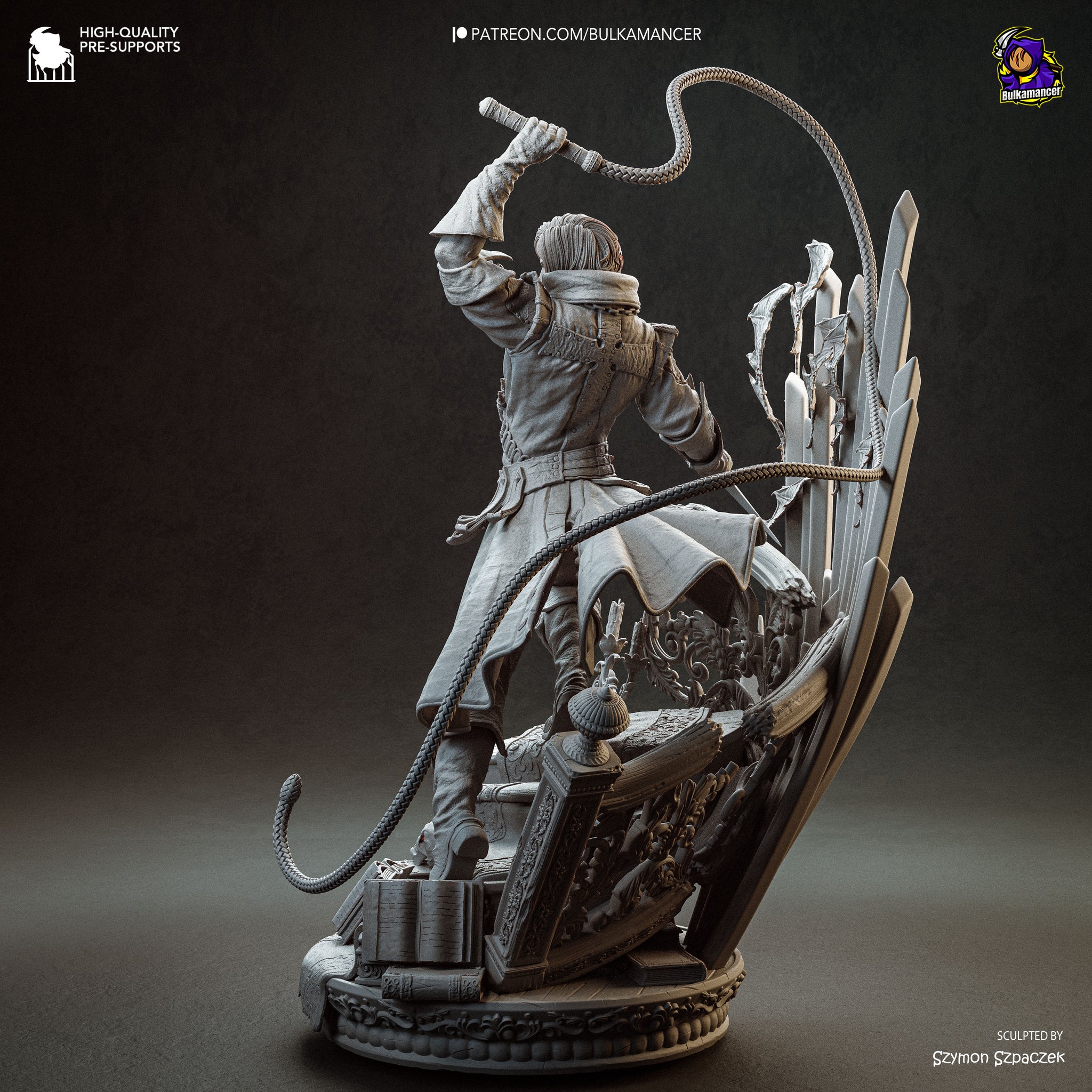 A 3D rendering of a character holding a whip and standing on a platform with various objects around them.