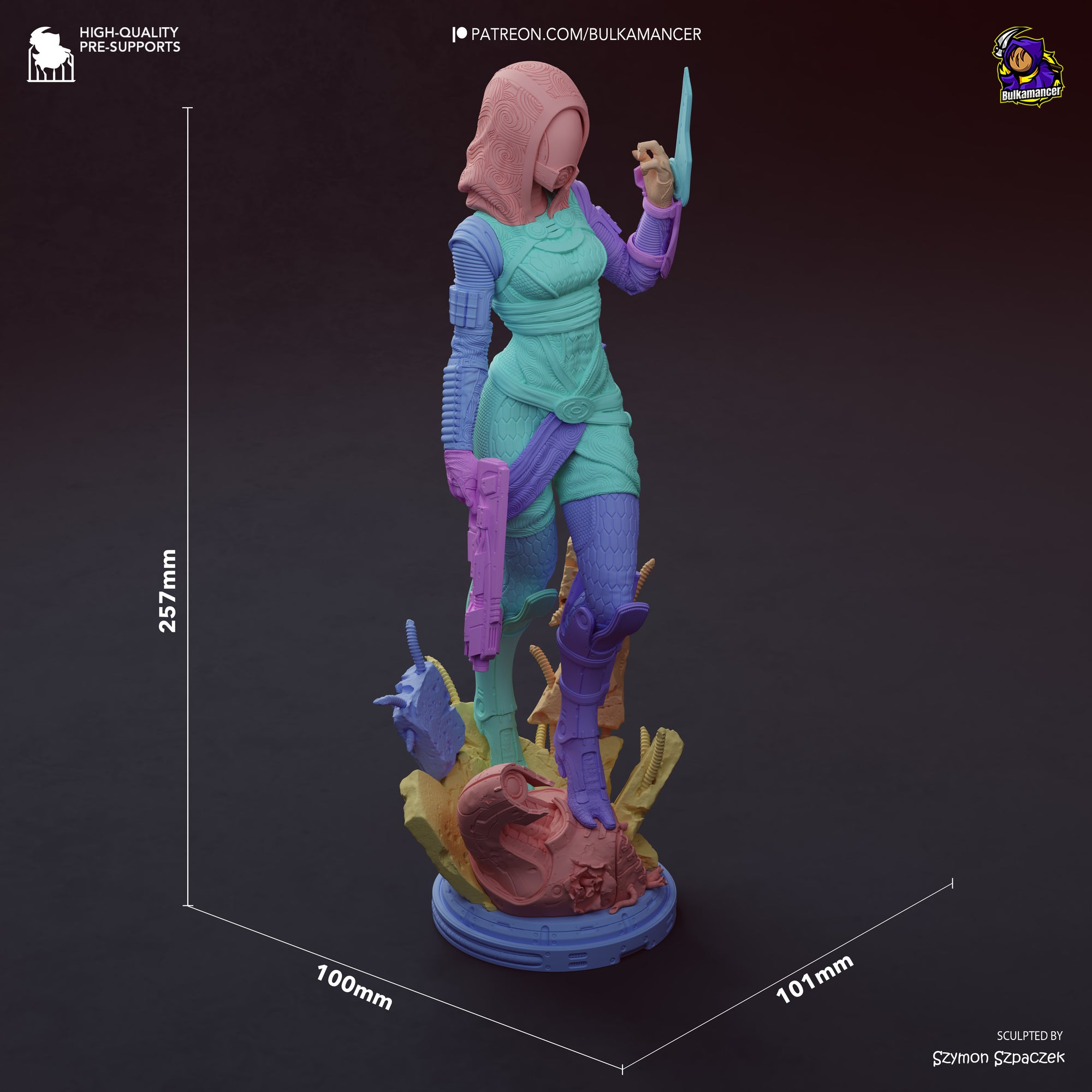 A 3D printed statue of a female character in a colorful outfit, holding a weapon, standing on a base with various elements.