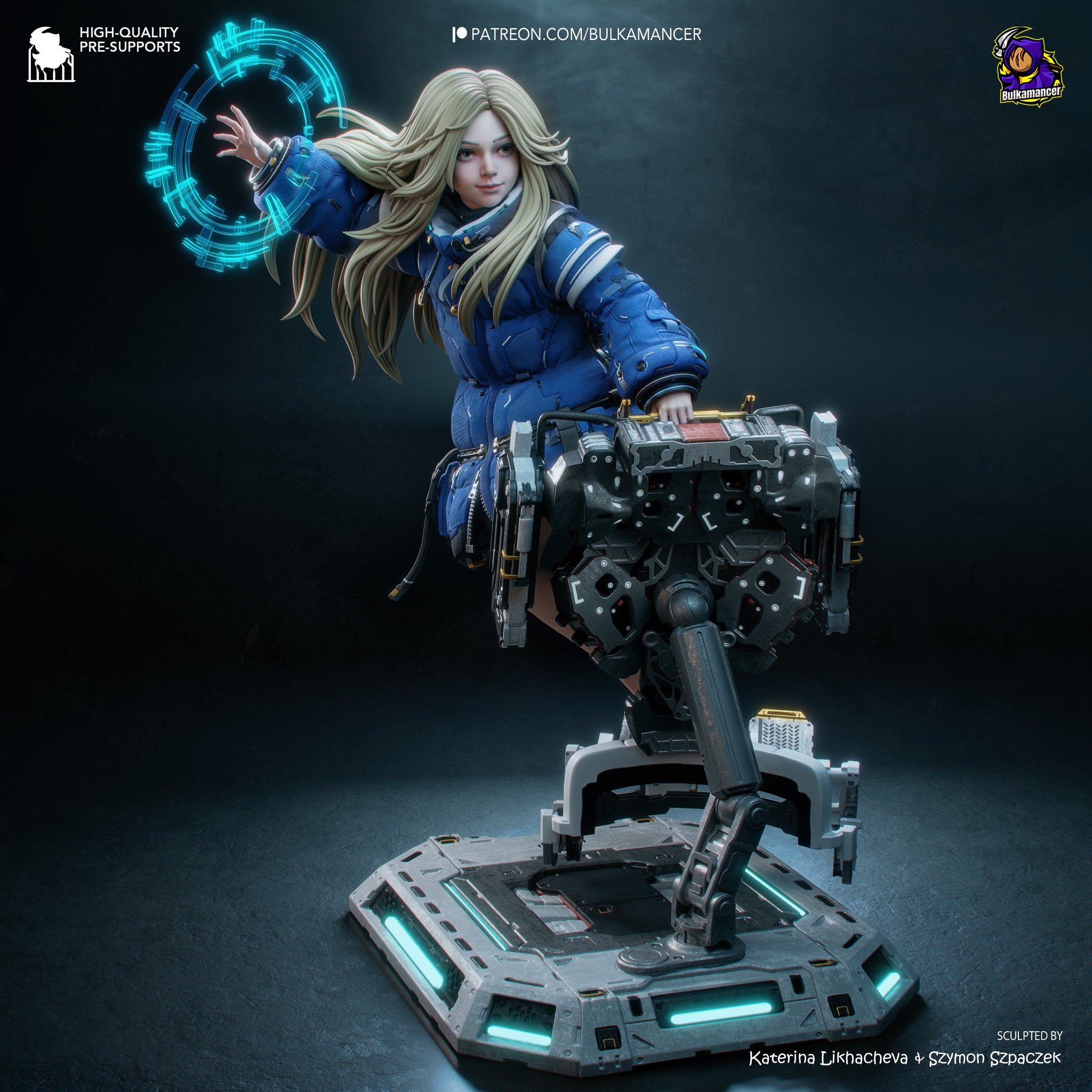 A female character with long blonde hair, wearing a blue jacket, is depicted in a futuristic setting, holding a futuristic device.