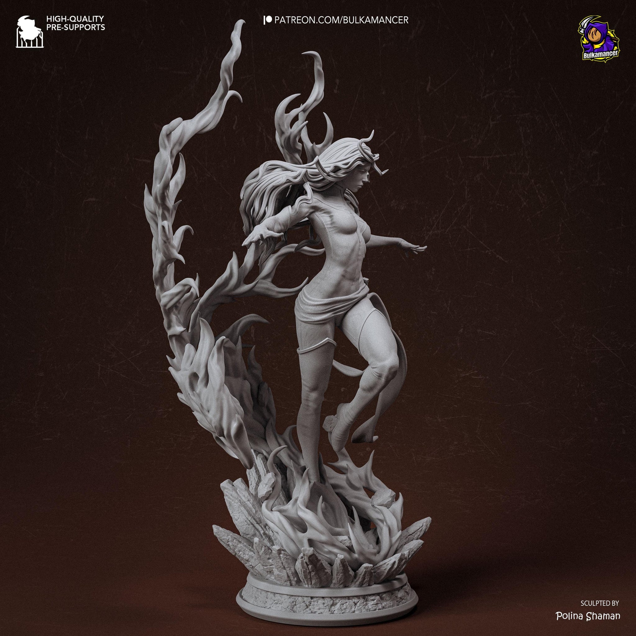Blazing Rebirth – Elemental Fire Sorceress Display Statue | Large 3D Printed Resin Sculpture | Unpainted Collector Model