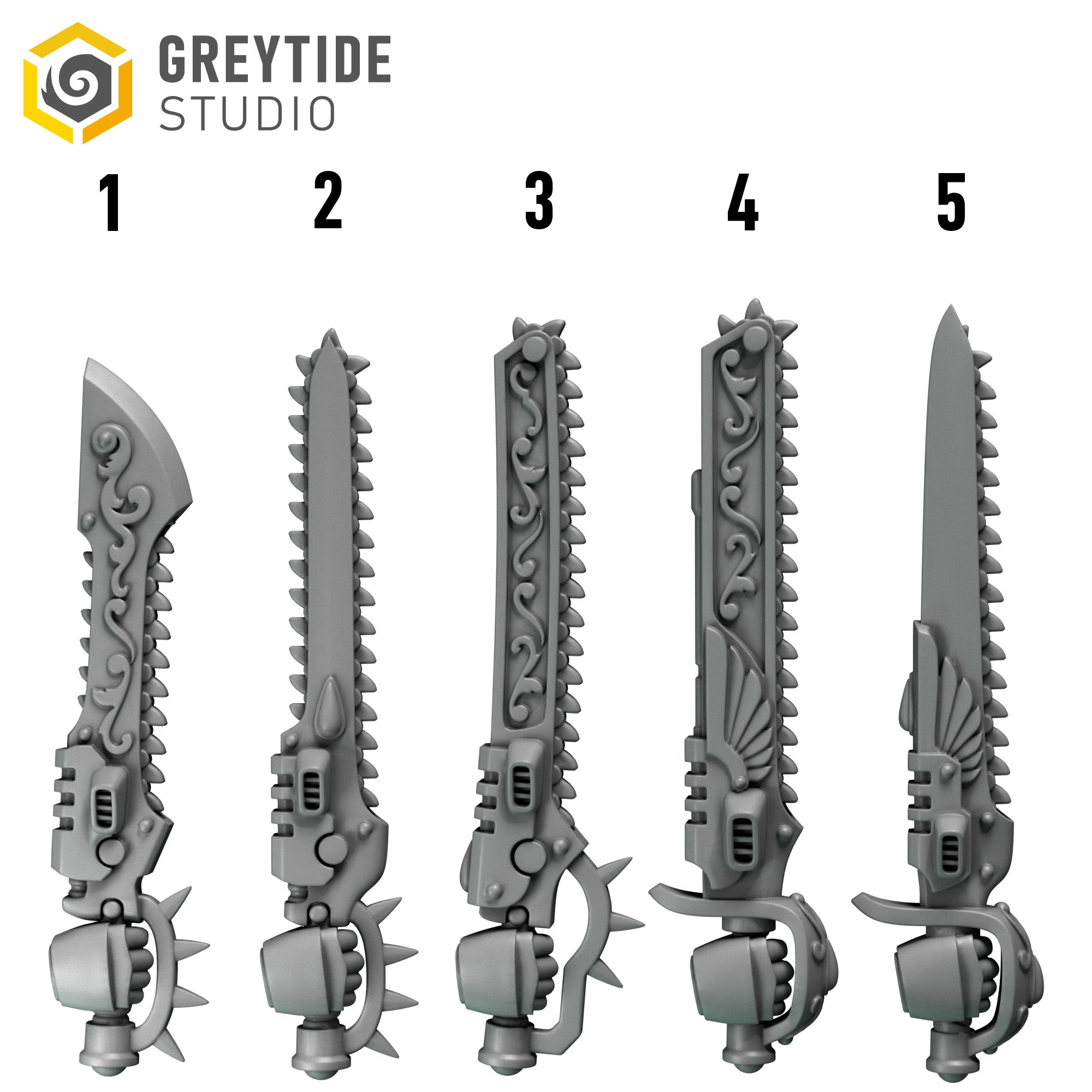 five different futuristic-looking weapons, including swords, spears, and sabers, each with unique designs and features.