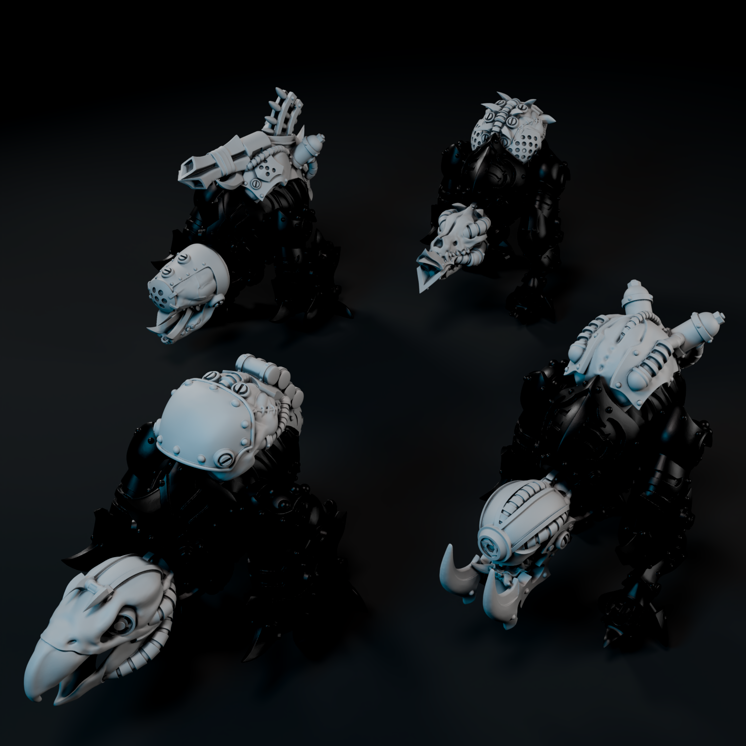 A group of futuristic-looking robots or mechanical creatures with various weapons and equipment, set against a dark background.