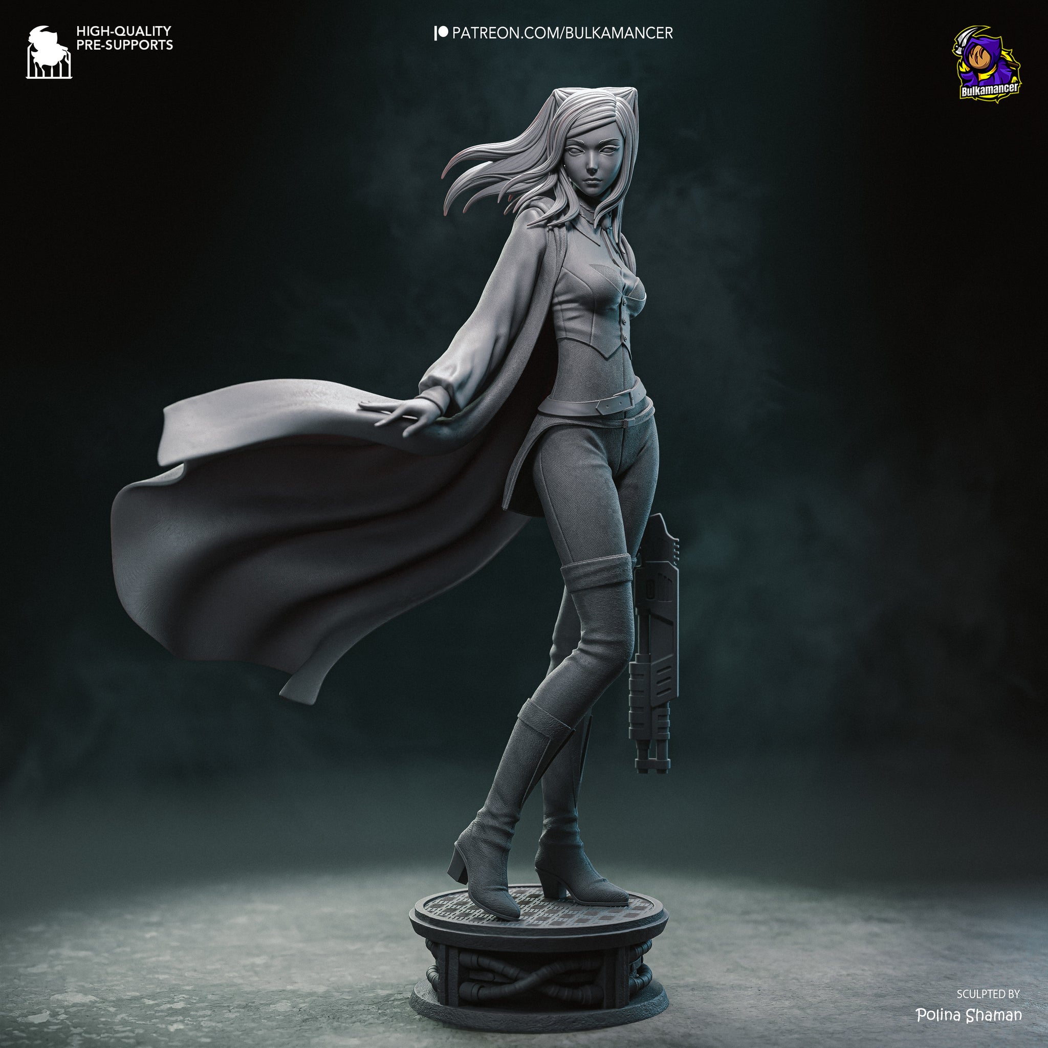 A 3D rendering of a female character with flowing hair and a cape, standing on a platform and holding a weapon.