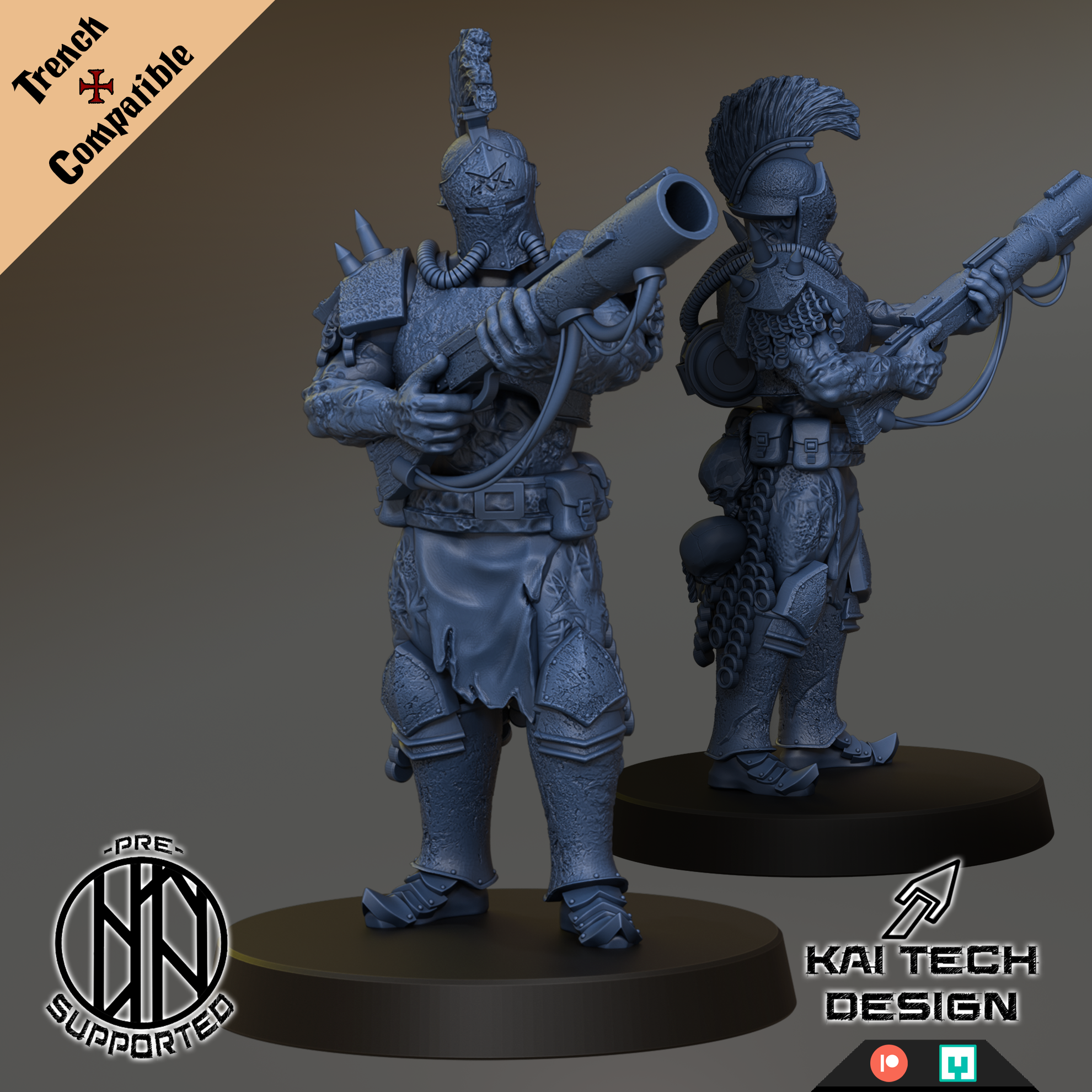 two detailed, armored figures holding large weapons, likely representing characters from a video game or fantasy setting.