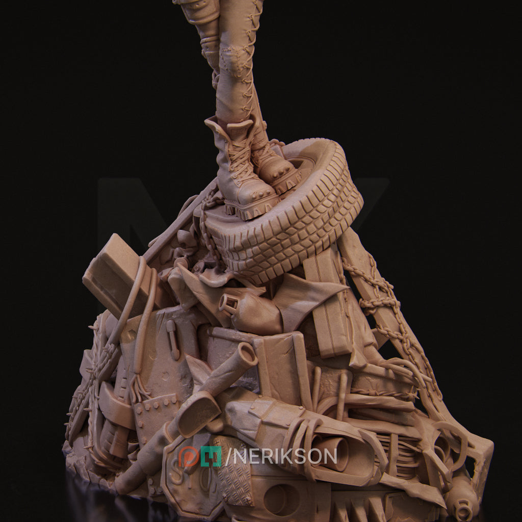 A 3D rendering of a sculpture depicting a person's legs and feet standing on a pile of various objects, including a tire, tools, and other debris.