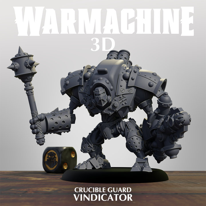 A 3D rendering of a crucible guard vindicator, a type of armored warrior, with a large hammer in its hand.
