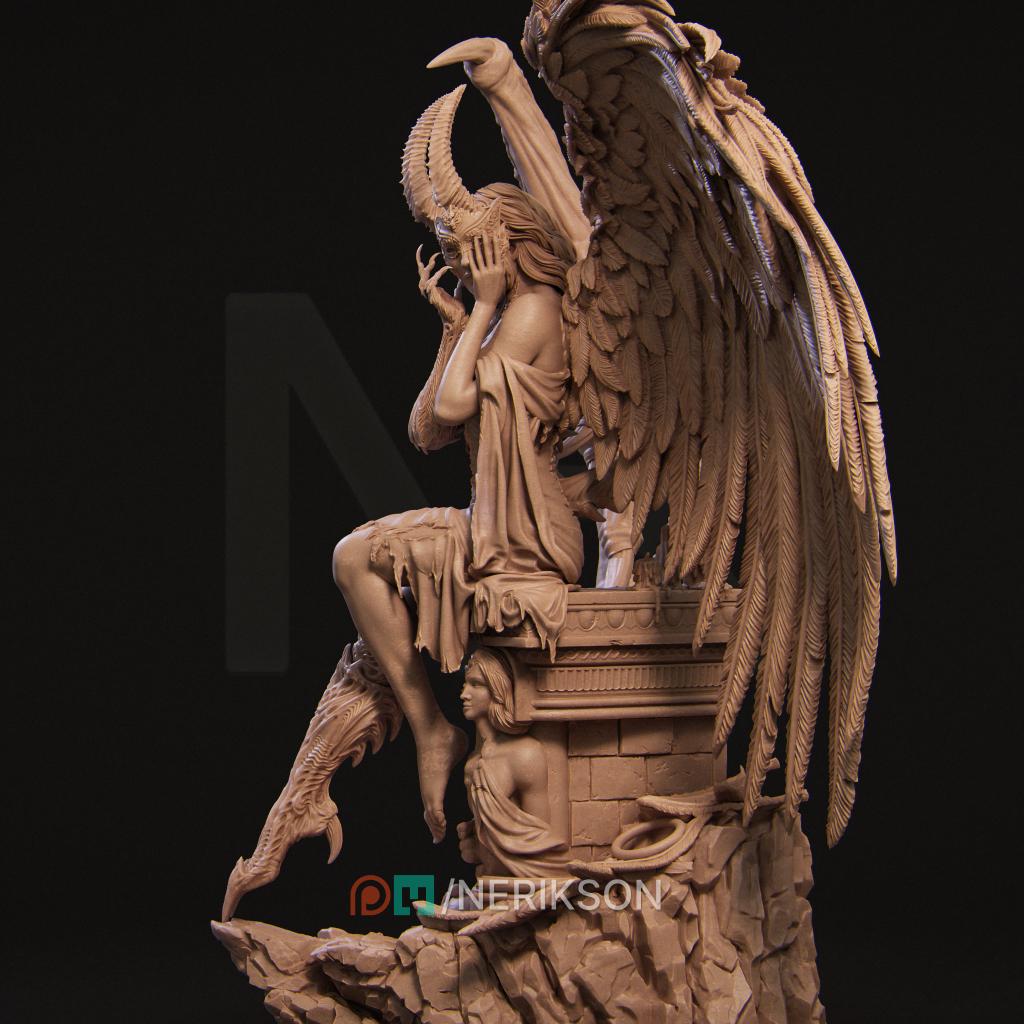 a detailed sculpture of a winged figure with intricate details and a dark background.