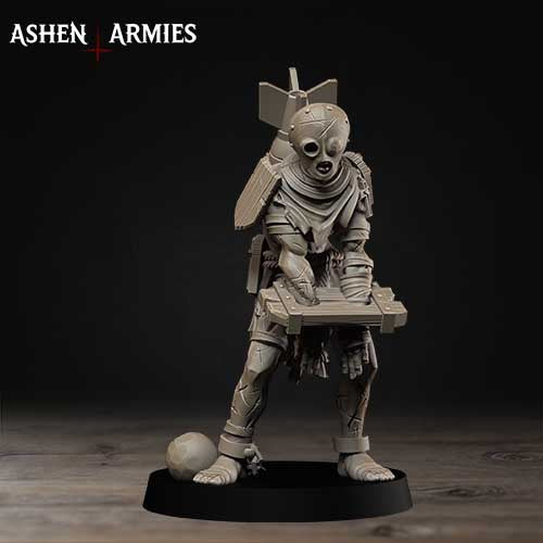 A figurine of a soldier standing on a platform, holding a weapon and a ball.